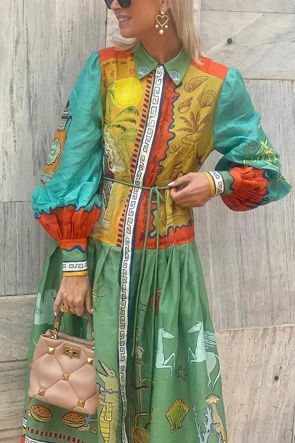 Puts A Smile – Midikleid mit einzigartigem Print, Revers und Laternenärmeln sowie Taillenschnürung