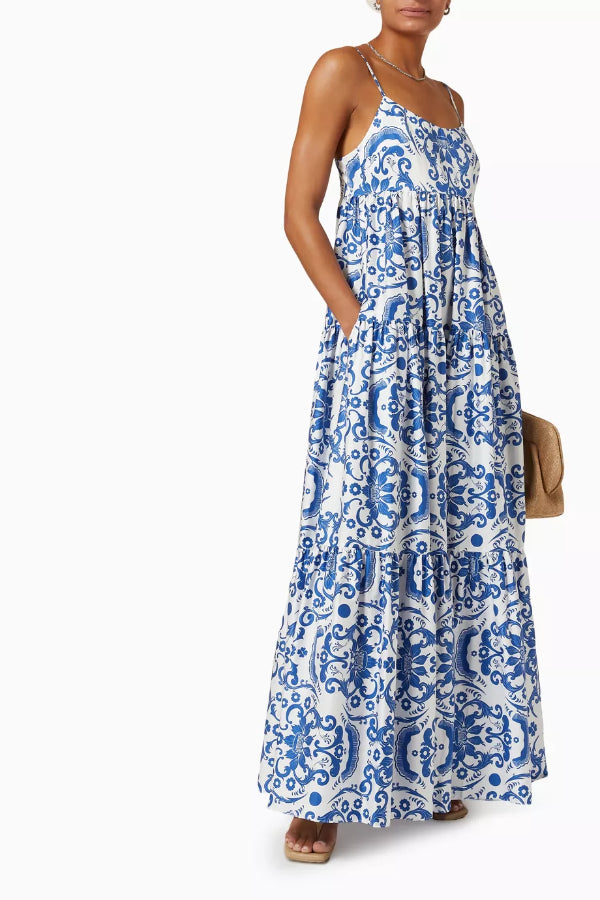 Botanical Floral Print Sexy Sling Backless Maxi Dress