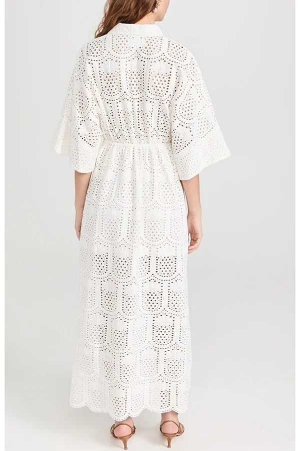 Darling Smile Pineapple Eyelet Crochet Lace Wide Sleeve Shirt Midi Dress