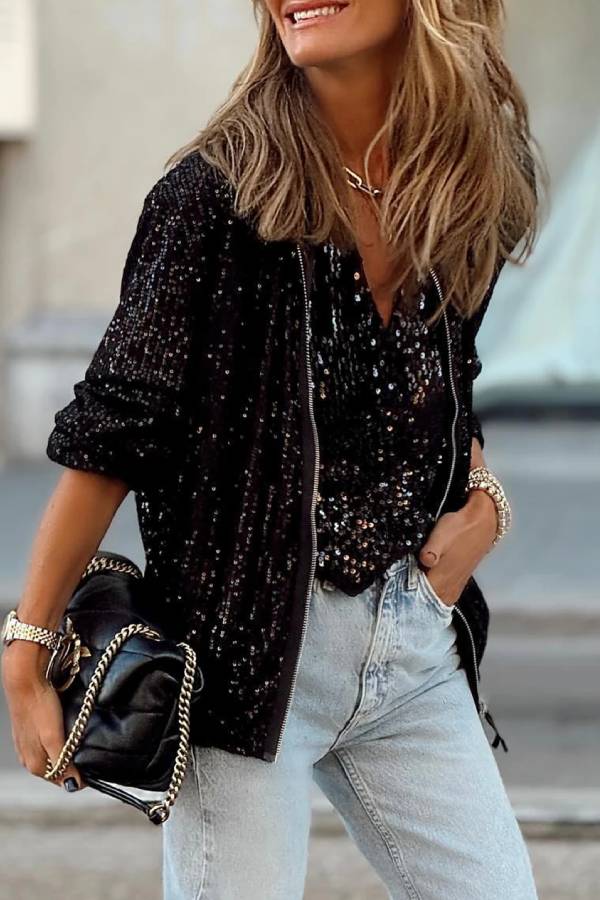 Black Sequin Zipper-up Jacket