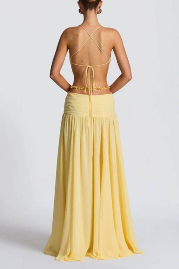 Kinara Leopard Print Deep V-neck Metal Flower Hollow Beads Detail Slit Maxi Dress