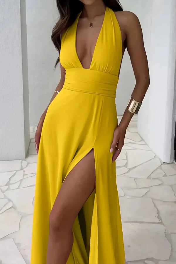 Halter Neck V-Neck Strappy Backless Slit Maxi Dress