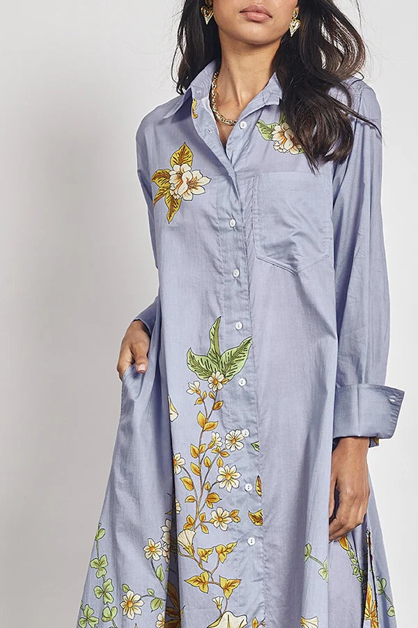 Opera Unique Floral Print Long Sleeve Pocket A-line Shirt Maxi Dress