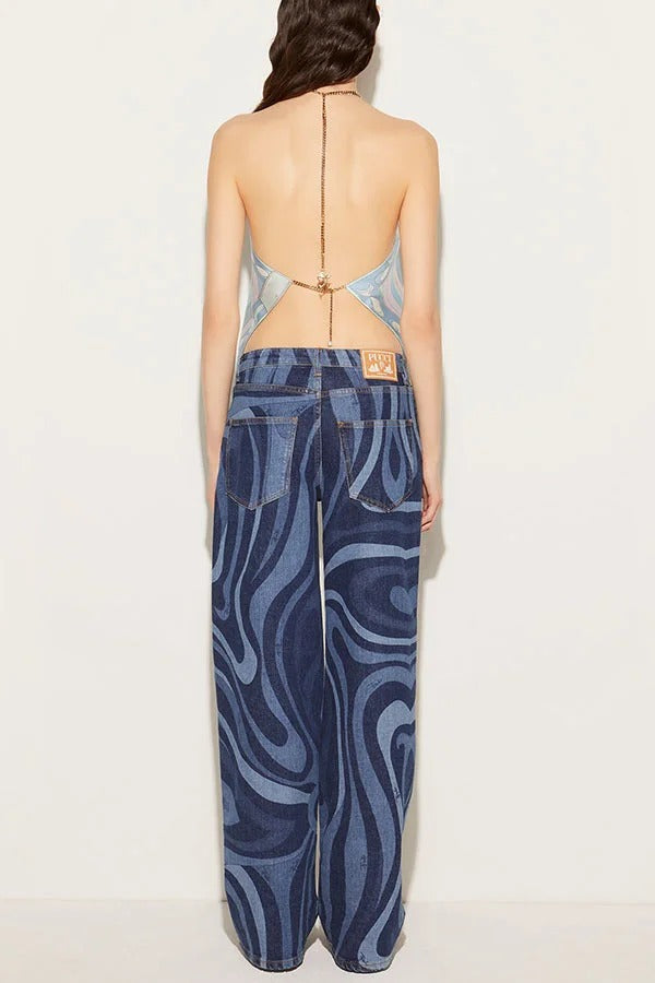 Artistic Girl Satin Unique Print Metal Chain Halter Draped Scarf Tank