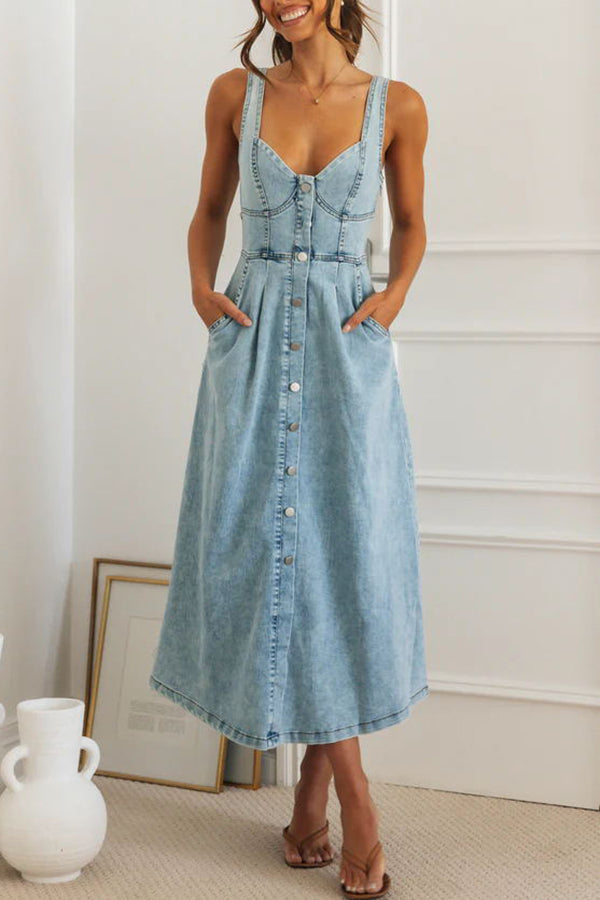 Perfect for Lunch Date Washed Button Back Smocked Pocket Denim Midi Dress