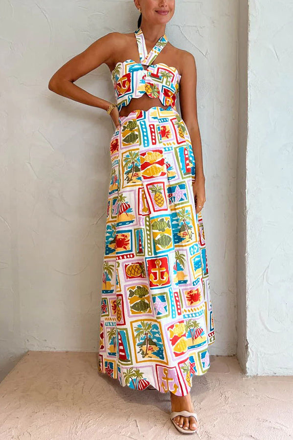 Celebrate The Sunshine Funny Printed Petal Trim Halter Top and Pocketed Maxi Skirt Set