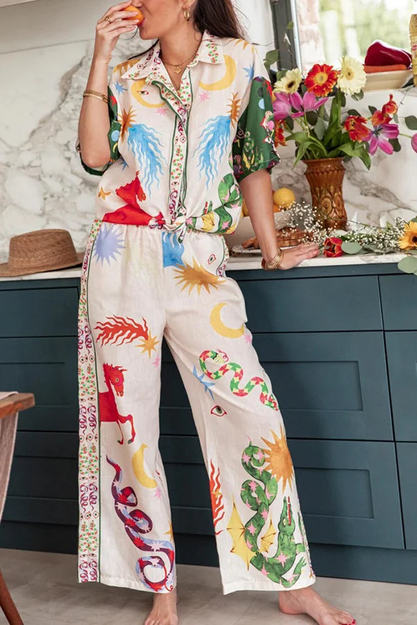 Bohemian Beauty Unique Print Short Sleeve Loose Shirt and Elastic Waist Pants Set