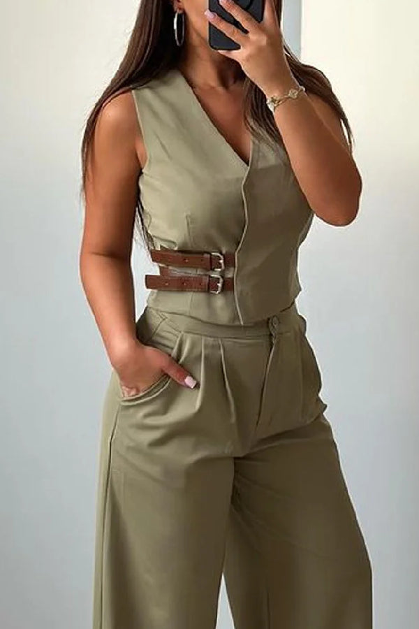 Fashion V-Neck Vest & Pants Two-Piece Set