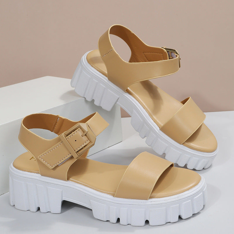 Solid Color Chunky Heeled Platform Sandals