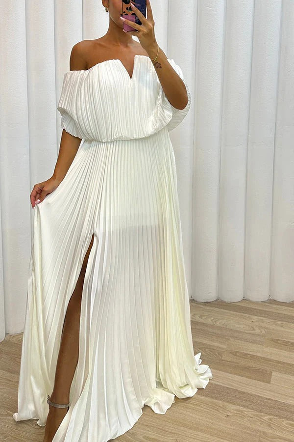 Shelley Pleated Off Shoulder Elastic Waist Slit Maxi Dress