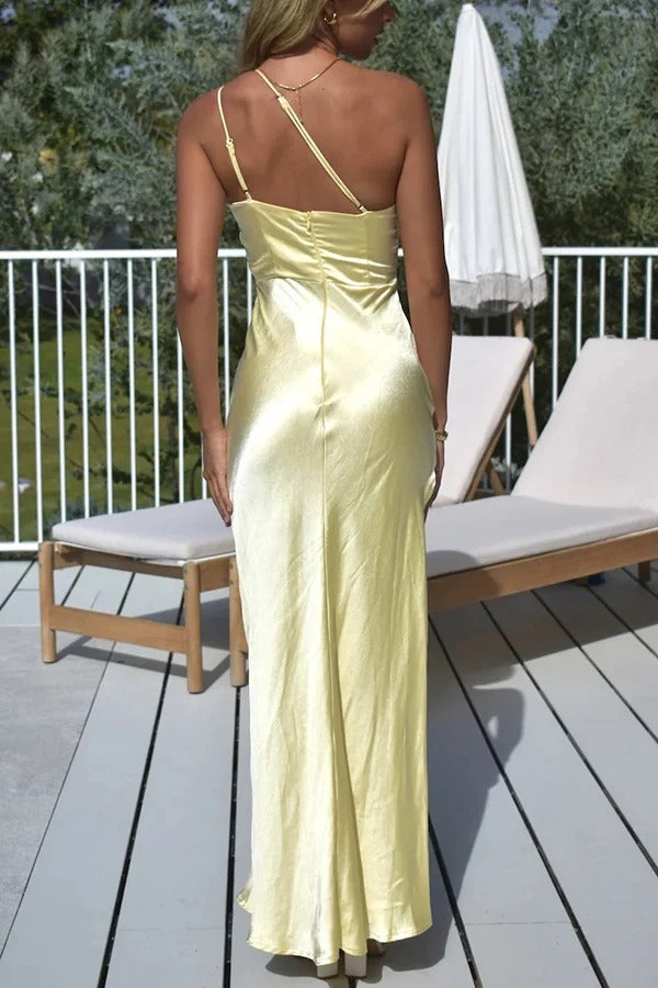 Satin Sexy Backless One-shoulder Slit Maxi Dress