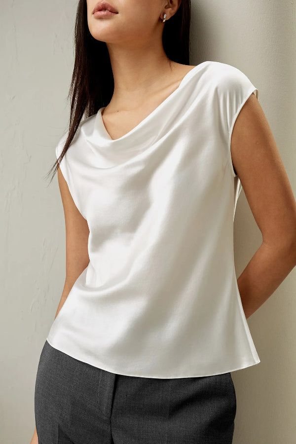 Pearly Luster Satin Cowl Neck Short Sleeve Loose Top