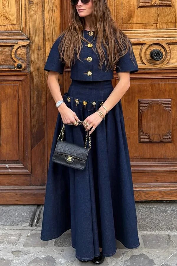 Custom Look Denim Unique Metal Pattern Buttons Lace-up Waist Crisp Hem Maxi Skirt