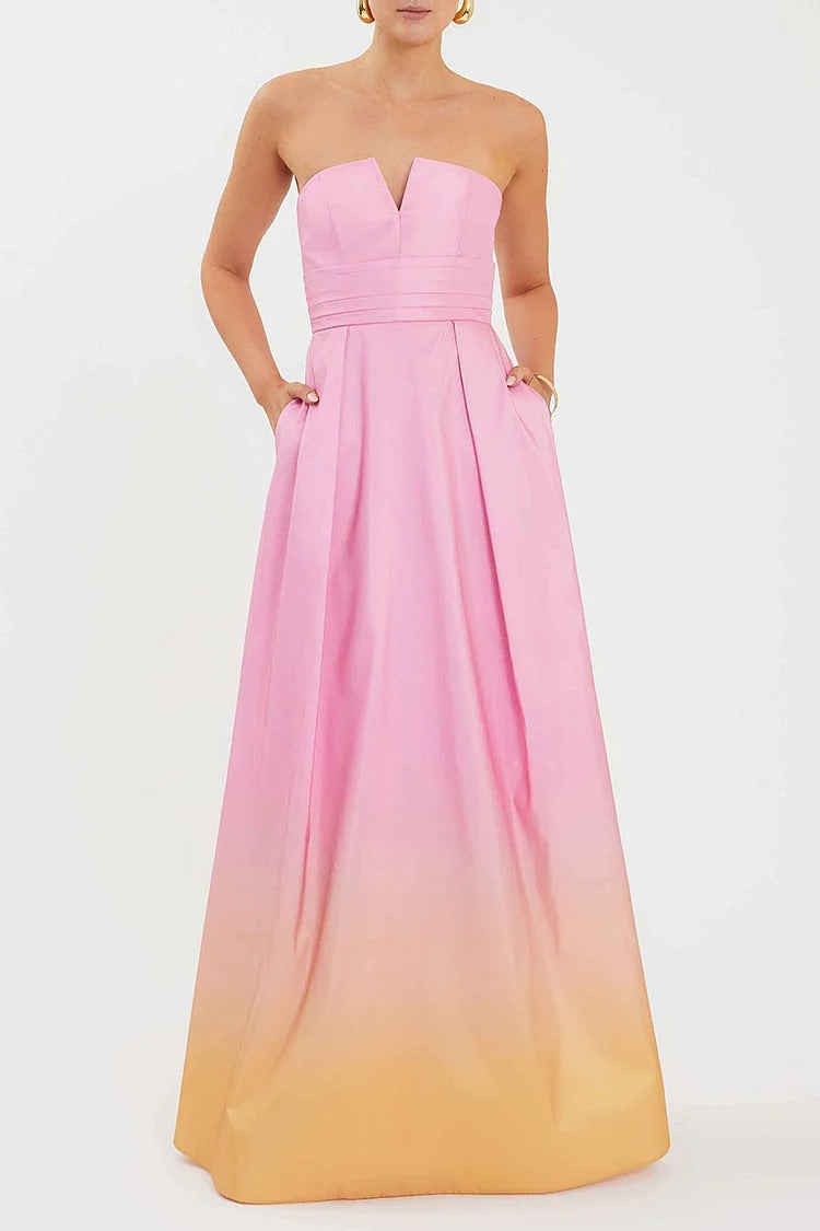 Strapless A-Line Gradient Color Gowns Maxi Dresses-Pink