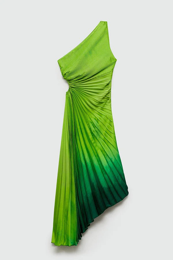 Lawn Wedding Pleated Gradient Print One Shoulder Cutout Maxi Dress