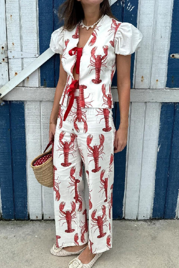 Fun Vacation Lobster Print High Rise Straight Pants