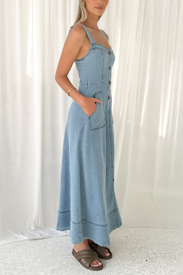 Solid Color Suspender Pocket Button Slim Denim Midi Dress