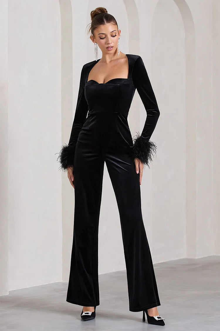 Long Sleeve Feather Cuff Cinch Waist Straight Leg Velvet Jumpsuit-Black