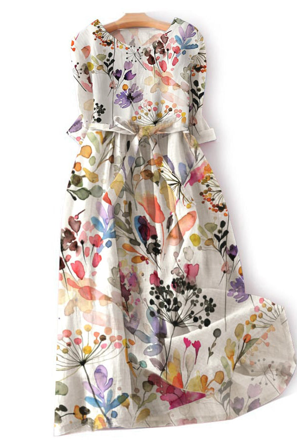 Literary And Elegant Print Tie Dress