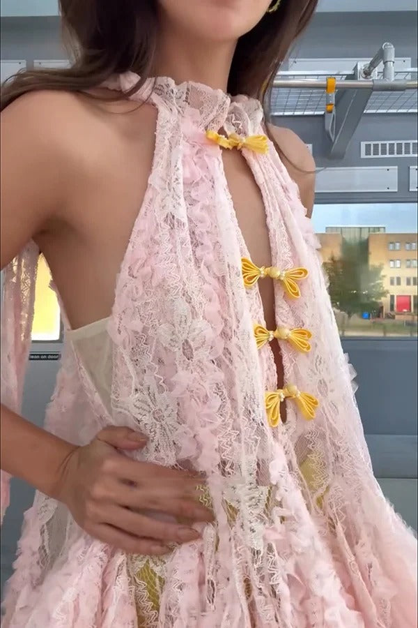 Cheongsam Style Lace Stand Neck Knots Button Ruffle Flare Hem Top