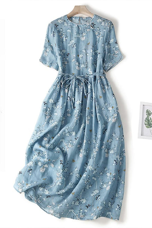 Floral Short Sleeved Waistband Cotton Linen Dress