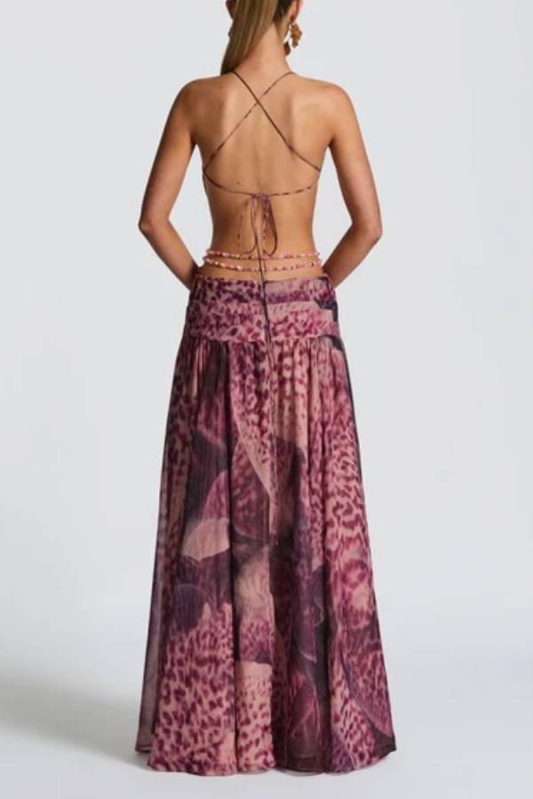 Kinara Leopard Print Deep V-neck Metal Flower Hollow Beads Detail Slit Maxi Dress
