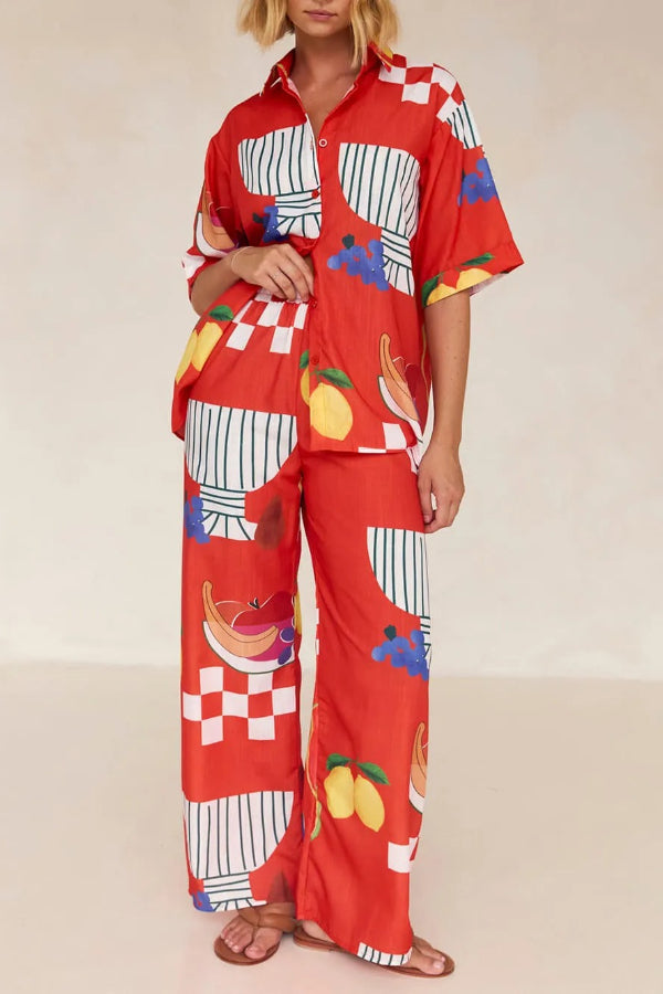 Unique Fruit Print Holiday Loose Shirt Wide Leg Pants Suit