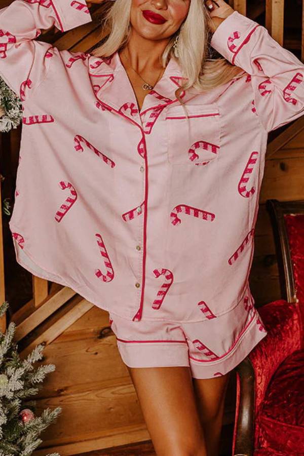 Candy Cane Kisses Satin Printed Elastic Waist Pocket Pajama Shorts Set