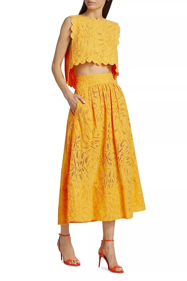 Laylin Cutout Embroidery Lace High Rise Pocketed Midi Skirt