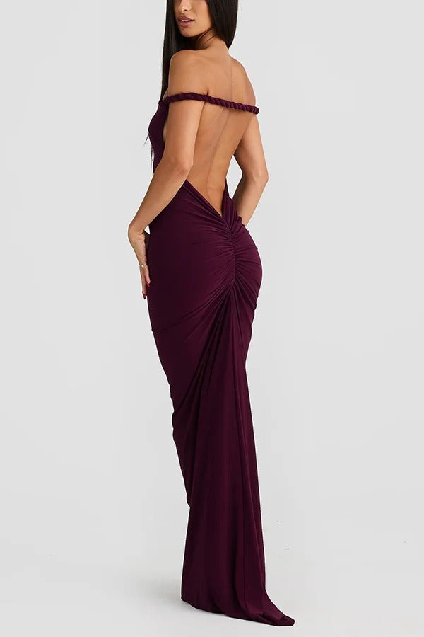 Sexy Halter Neck Open Back Ruched Slim Fit Maxi Dress