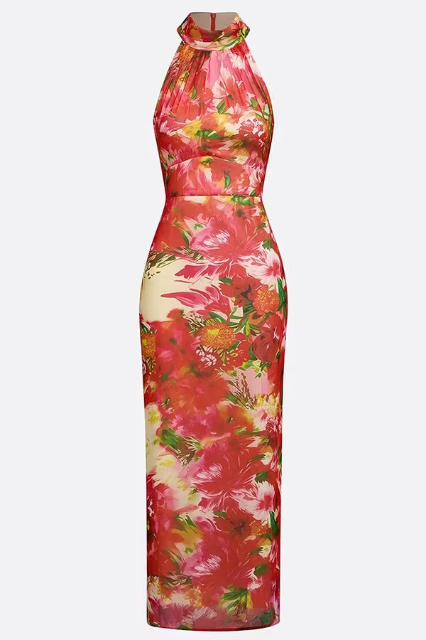 Garden Glamour Chiffon Floral Print High Neck Sleeveless Slit Maxi Dress