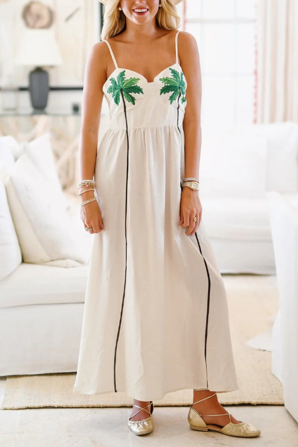 Coconut Tree Print Suspender Backless Large Hem Maxi Dress