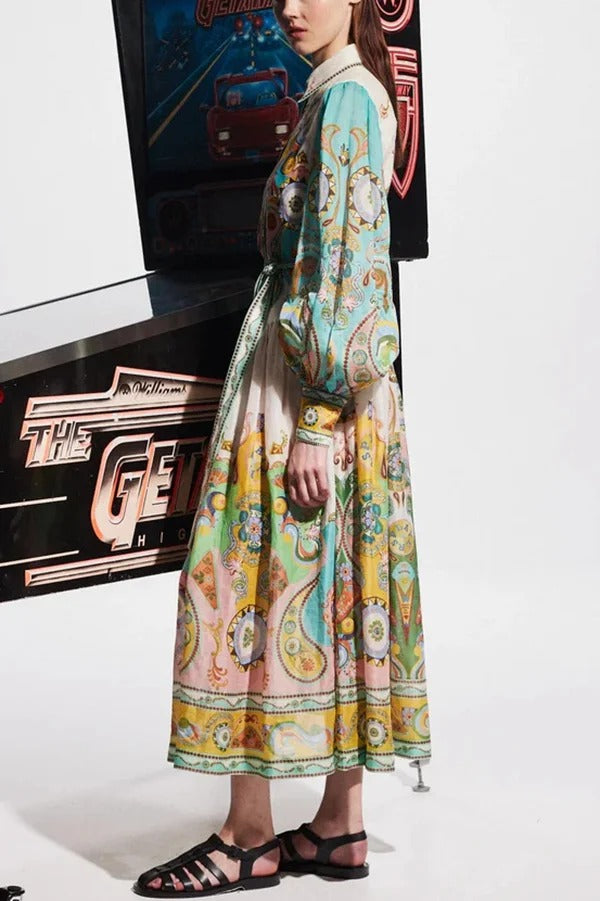 Travel Around The World Unique Print Balloon Sleeve Belt Shirt Midi Dress