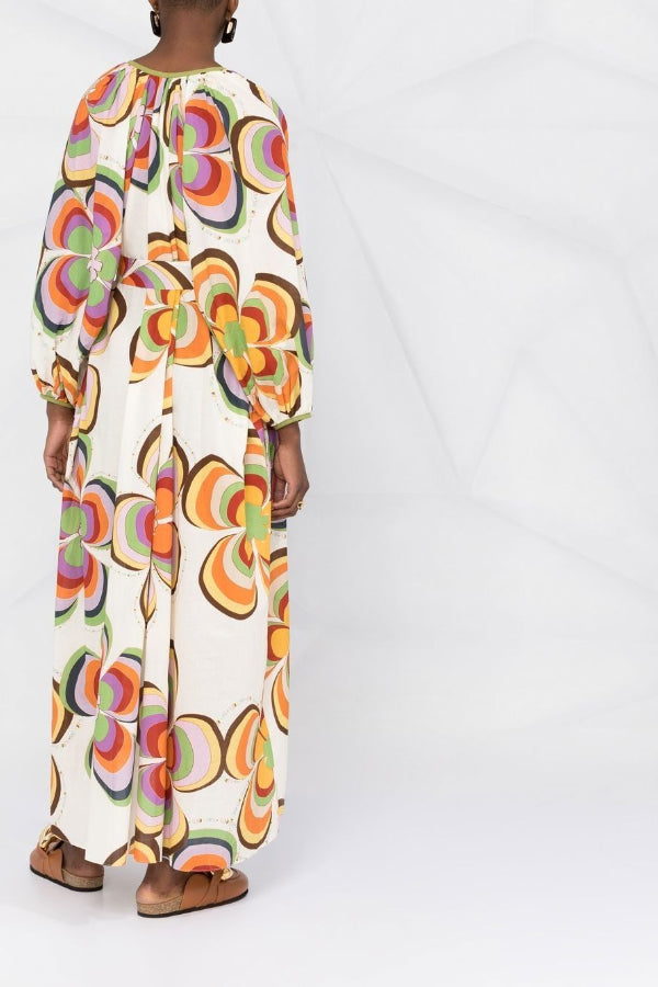 Boat Days Unique Print Balloon Sleeve Pocketed Loose Robe Maxi Dress