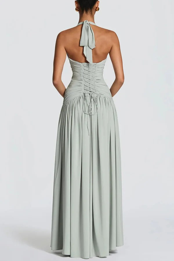 Amaris Halter Tie-up V-neck Ruched Detail Back Lace-up Slit Drape Maxi Dress