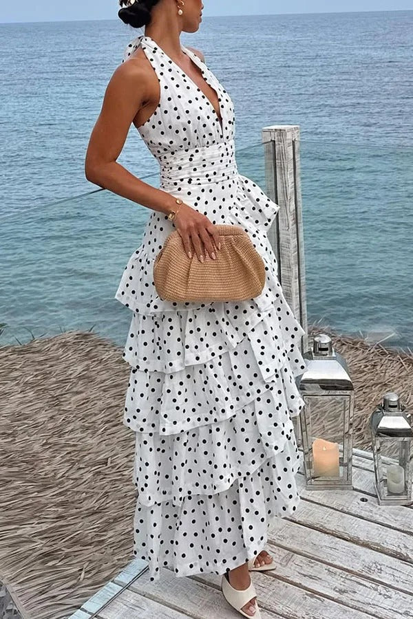 Violet Polka Dot Print Layered Ruffles Halter Tie-up Midi Dress