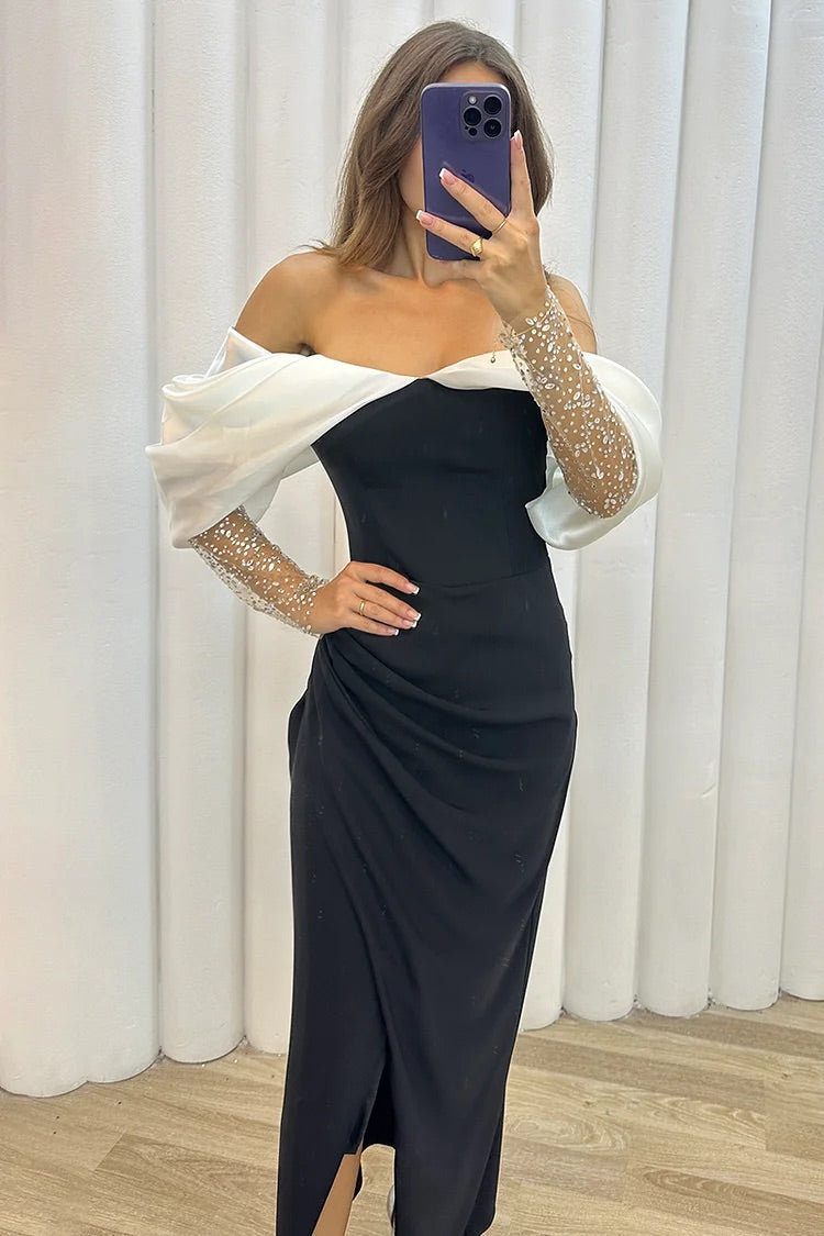 Elegant Off Shoulder Rhinestone Long Sleeve Colorblock Formal Party Maxi Dresses-Black