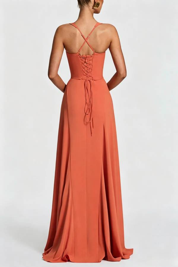 Irie Chiffon Sweetheart Neck Adjustable Straps Back Lace-up Maxi Dress