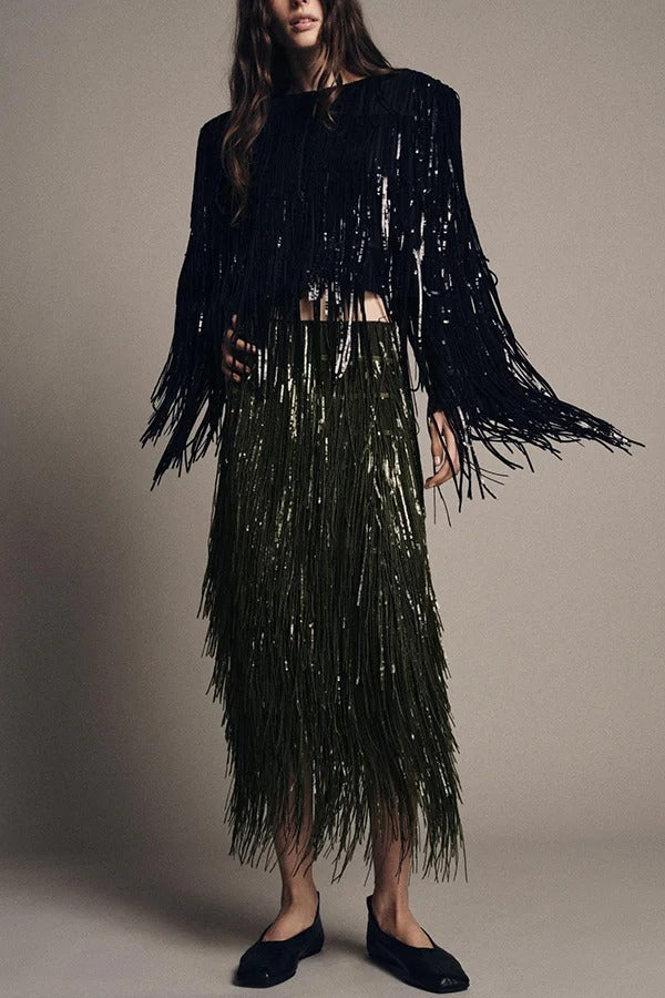 Party Crasher Layered Sequined Tassels High Rise Back Zipper Midi Skirt