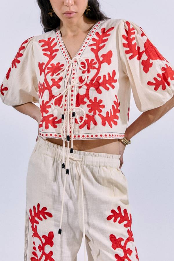 Till Sunset Linen Blend Unique Print Lace-up Puff Sleeve Shirt
