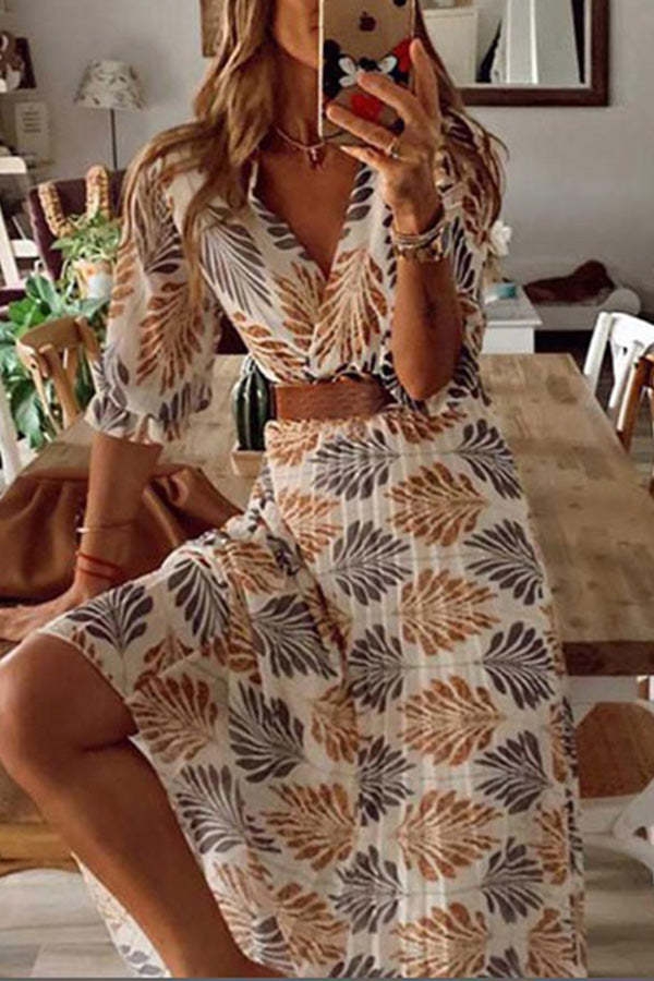 Botanical Print Pleated Long Sleeved Maxi Dress