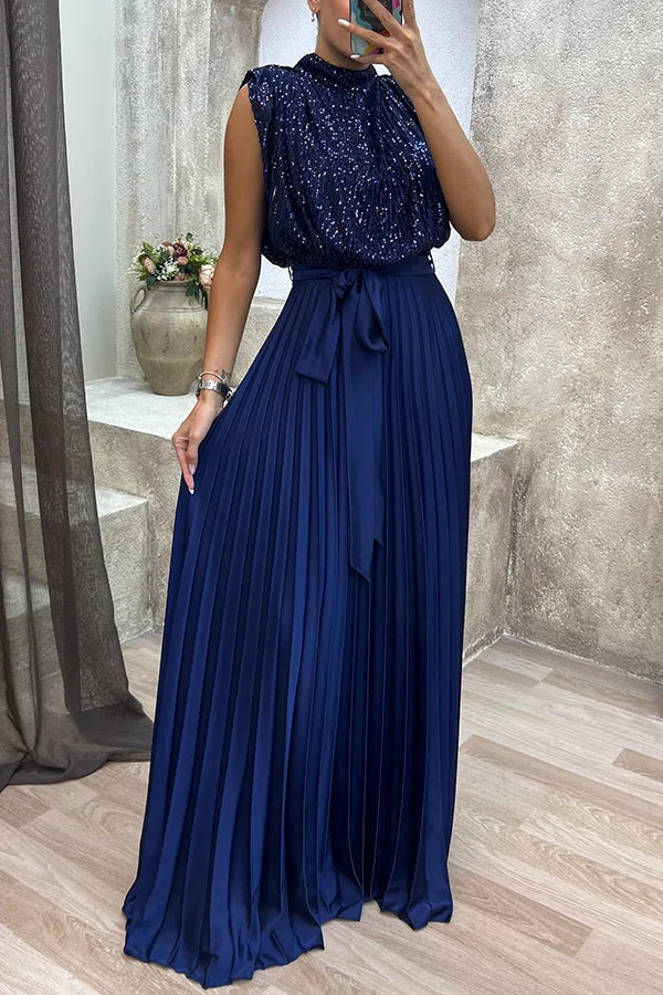 See You At The Party Sequin Patchwork Belt Pleated Maxi Dress