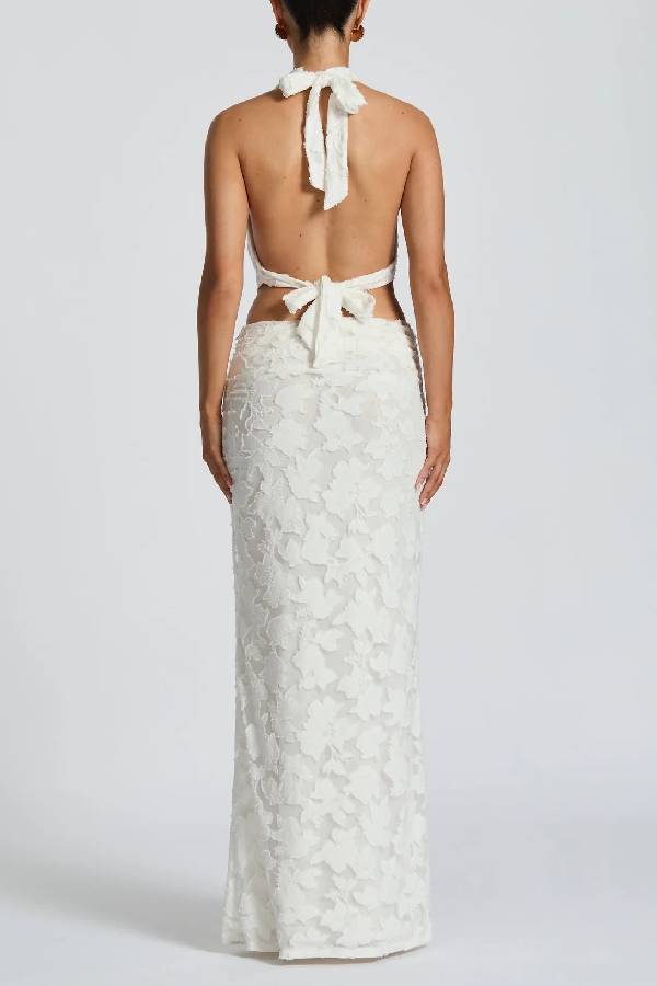 Myra Floral Burnout Jersey Fabric Halter Crop Tank and Ruched Maxi Skirt Set