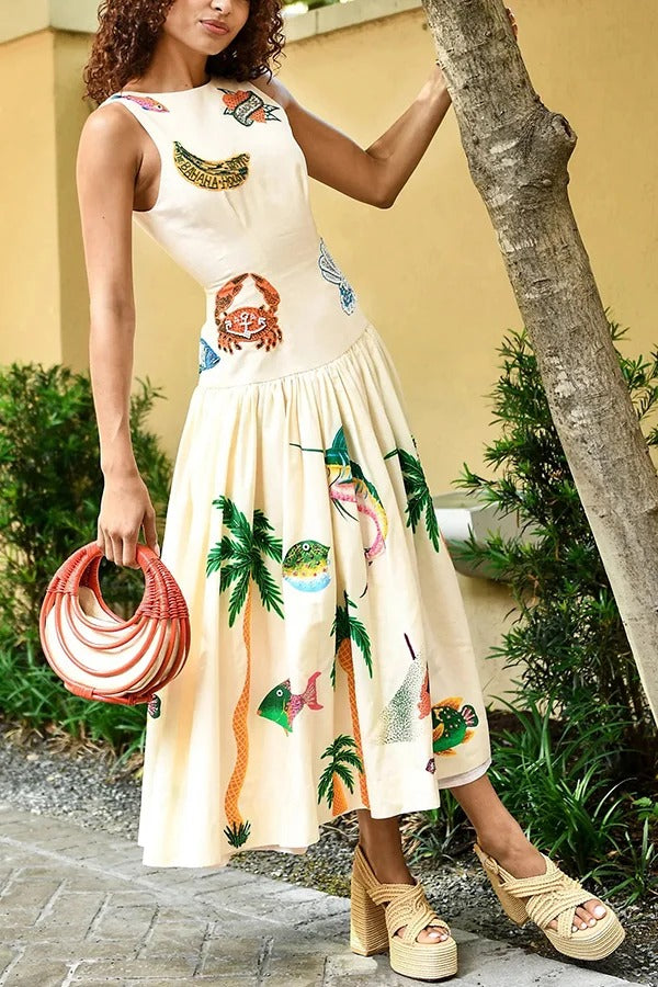 Chic Couture Unique Print Backless Gathered Hem Midi Dress