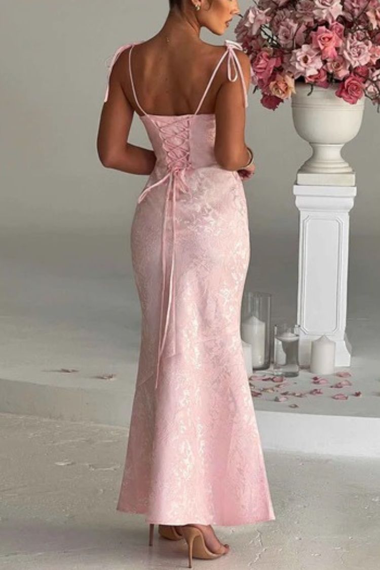 Jacquard Fabric Elegant Suspender Tie Slim Fishtail Maxi Dress