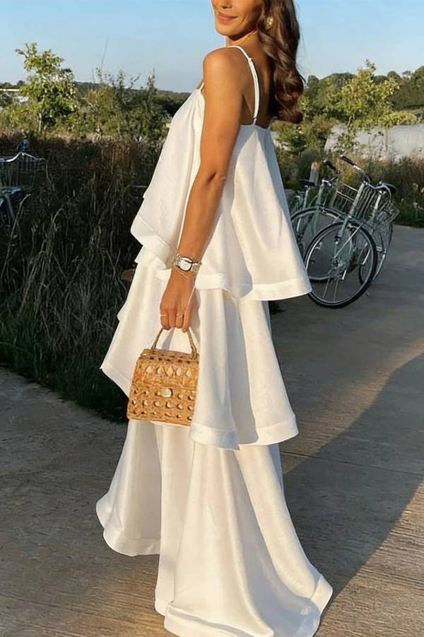 Soft and Smooth Satin Tiered Slip Square Neck A-line Maxi Dress