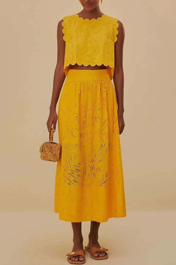 Laylin Cutout Embroidery Lace High Rise Pocketed Midi Skirt