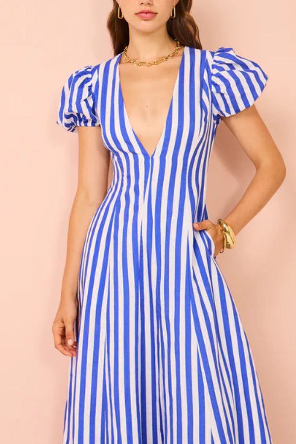 Indulge in Timeless Striped Print Puff Sleeve Pocketed Wavy Maxi Dress