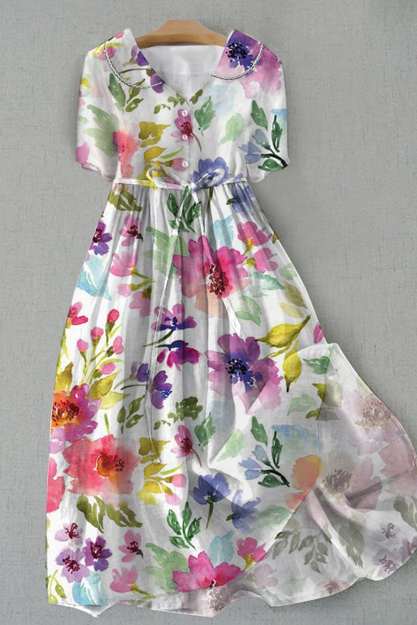 Artistic Floral Print Doll Neck Dress