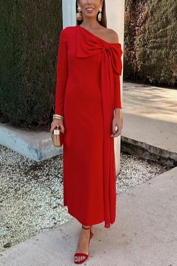 Vanessa Solid Color Long Sleeve Slim Fit Oversized Bow Tie Maxi Dress